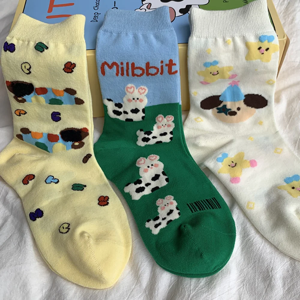 3 Pairs Women Autumn And Winter Mid Socks Ins Style Girl Japanese Cute Rabbit Pattern Illustration Daily Cartoon Cute Mid Socks.