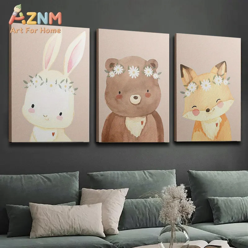 AZNM Watercolor Flower Wreath Animal Canvas Wall Art Rabbit Bear Fox Pattern Frameless Canvas Painting Nursery Kids Bedroom Home