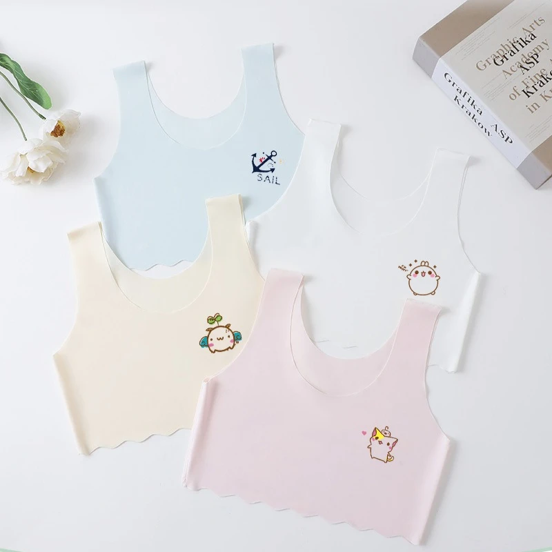 Adolescence Solid Color Girl Vest with No Trace Lightweight Breathable and Comfortable Underwear Student Vest Cute Cartoon Print