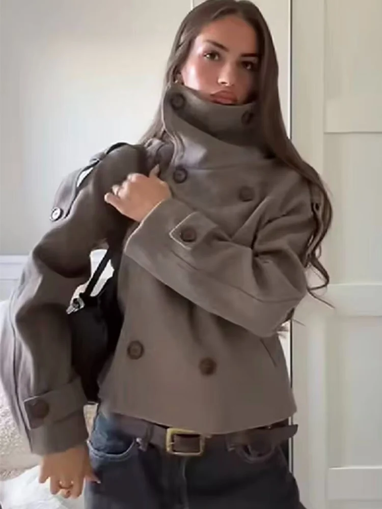 

Новое женское шерстяное пальто с высоким воротом, двубортное свободное осеннее пальто 2025 года, короткая элегантная модная куртка, повседневная женская уличная верхняя одежда