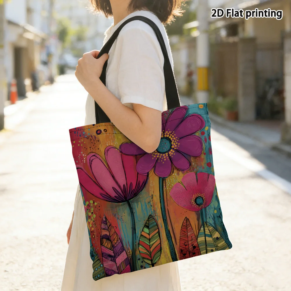 2D Flat Tote Bag Featuring A Vibrant Floral Design.These Reusable Grocery Bags Are Crafted From Sturdy Polyester