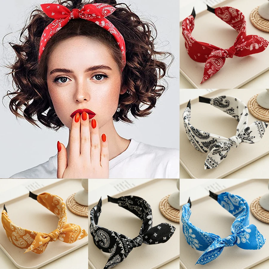 Fashion Paisley Bandana Headband for Women Top Knotted Bow Hairbands Cute Rabbit Ear Turban Headwrap Hair Band Girls Accessories