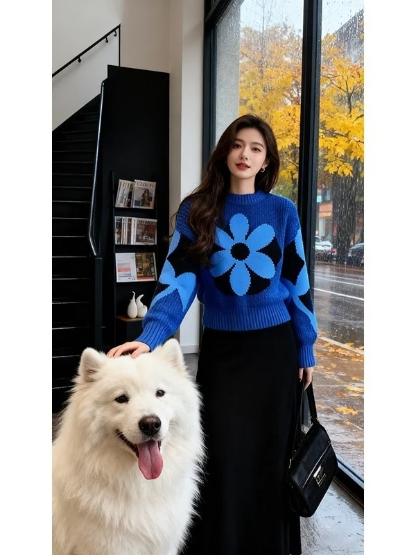 

Корейский высококачественный вязаный джемпер с вышивкой для женщин: зимний, свободный, в стиле оверсайз, с цветочным узором, дышащий, с длинными рукавами