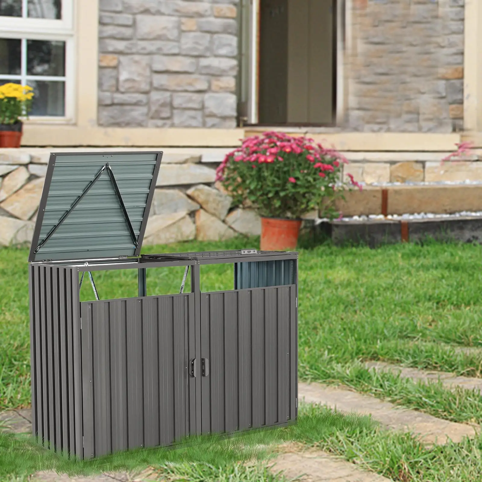 Outdoor Garbage Bin Shed, Galvanized Steel Trash Can Storage for 2 Cans, Weather-Resistant Metal Hideaway for Garden