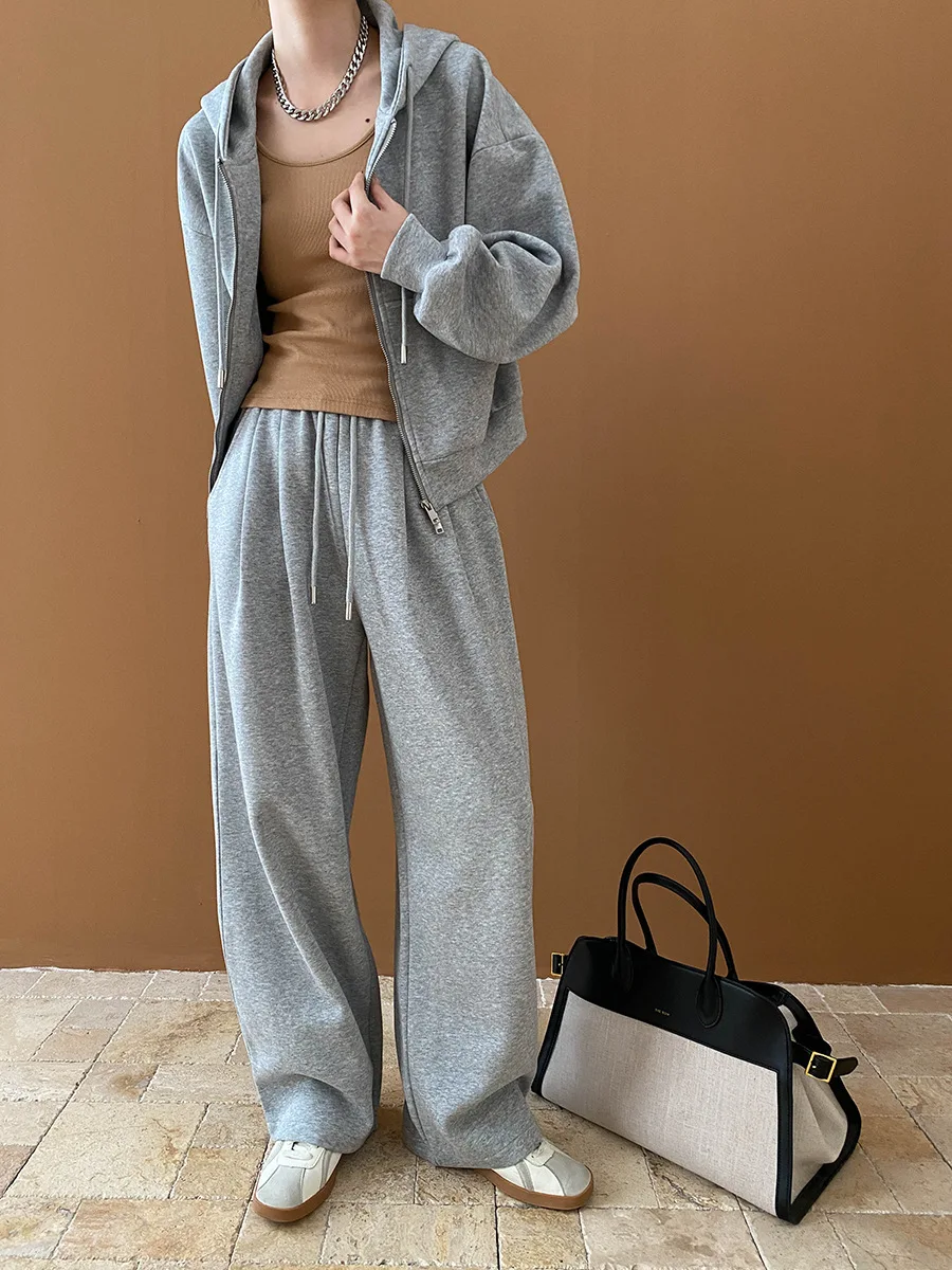 Relaxed Double Zipper Hooded Sweatshirt Wide Leg Casual Pants Sports Two Piece Set