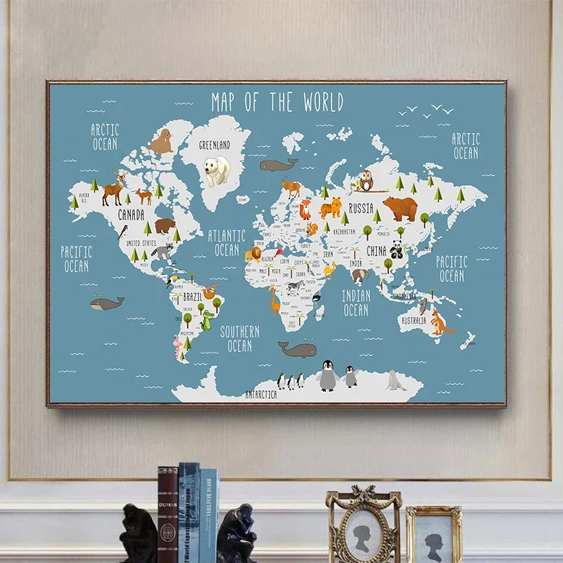 Weltkarte Leinwand Malerei Pastell Tier Thema Pädagogische Wand Malerei Kunst Nordic Poster Druck Kinderzimmer Dekoration