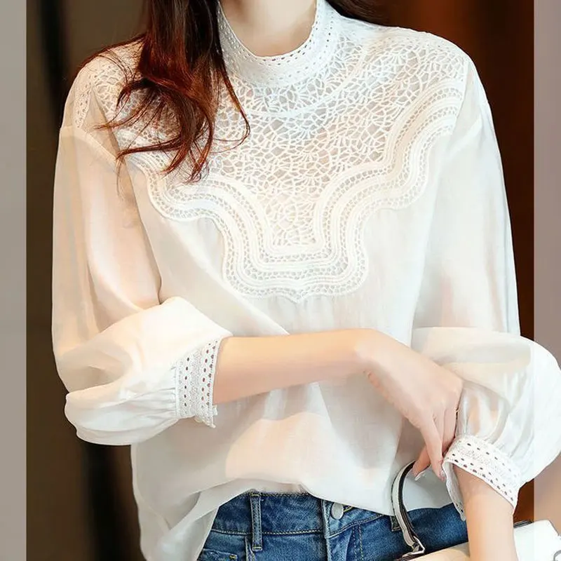 Female Clothing Stand Collar Blouse Commute Solid Color Spring Autumn Long Sleeve Stylish Korean Lace Hollow Out Spliced Shirt