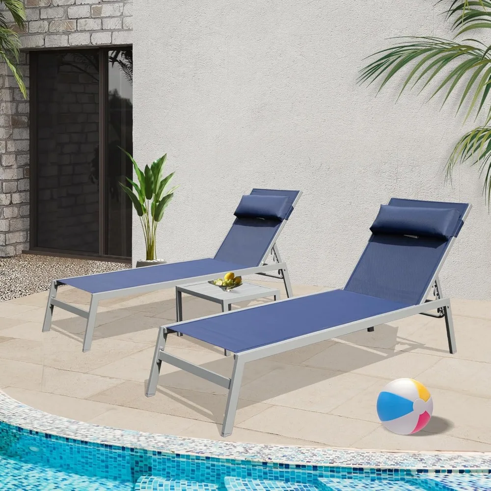 

Domi Patio Chaise Lounge Set of 3, Aluminum Pool Lounge Chairs with Side Table, Outdoor Adjustable Recliner All Weather for Pool