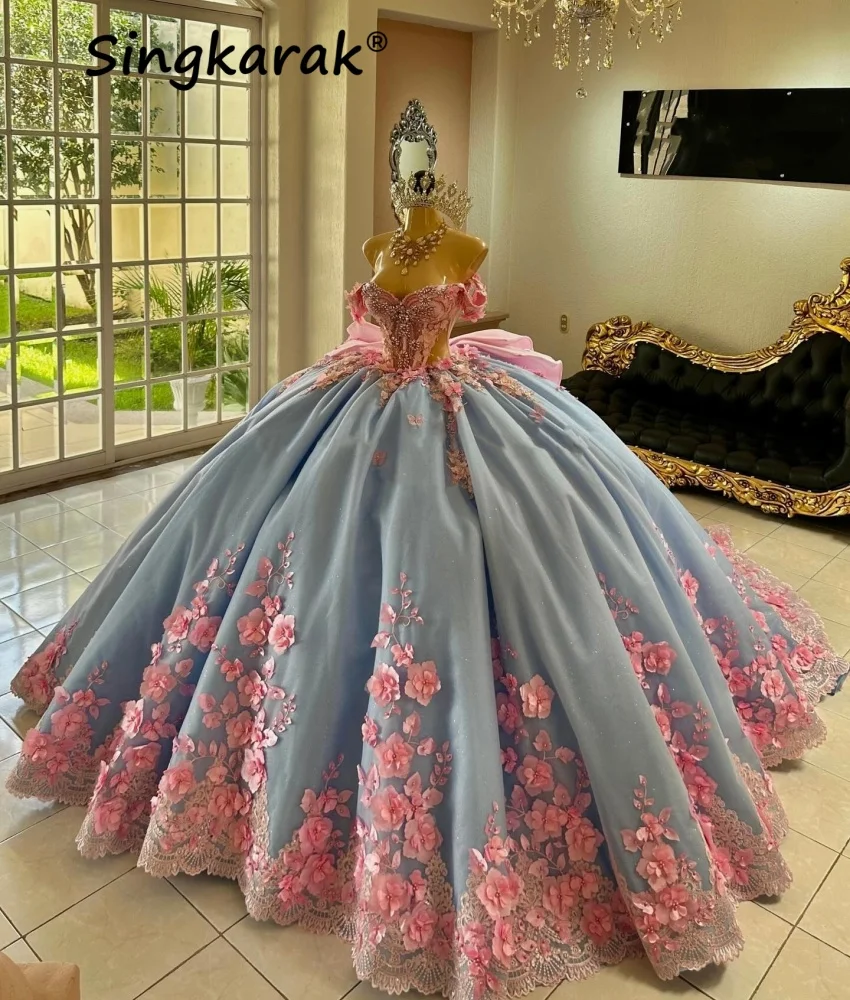 

Elagant Blue Princess Quinceanera Dresses Bead Crystals 3D Flower Appliques Vestidos 15 Años Birthday Dress With Bow Customized