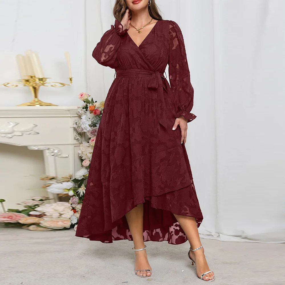 

Customized Mother of The Bride Dresses Wedding Guest Fall Semi Formal Lace Long Sleeve Wrap V Neck High Low Maxi Dress 2025