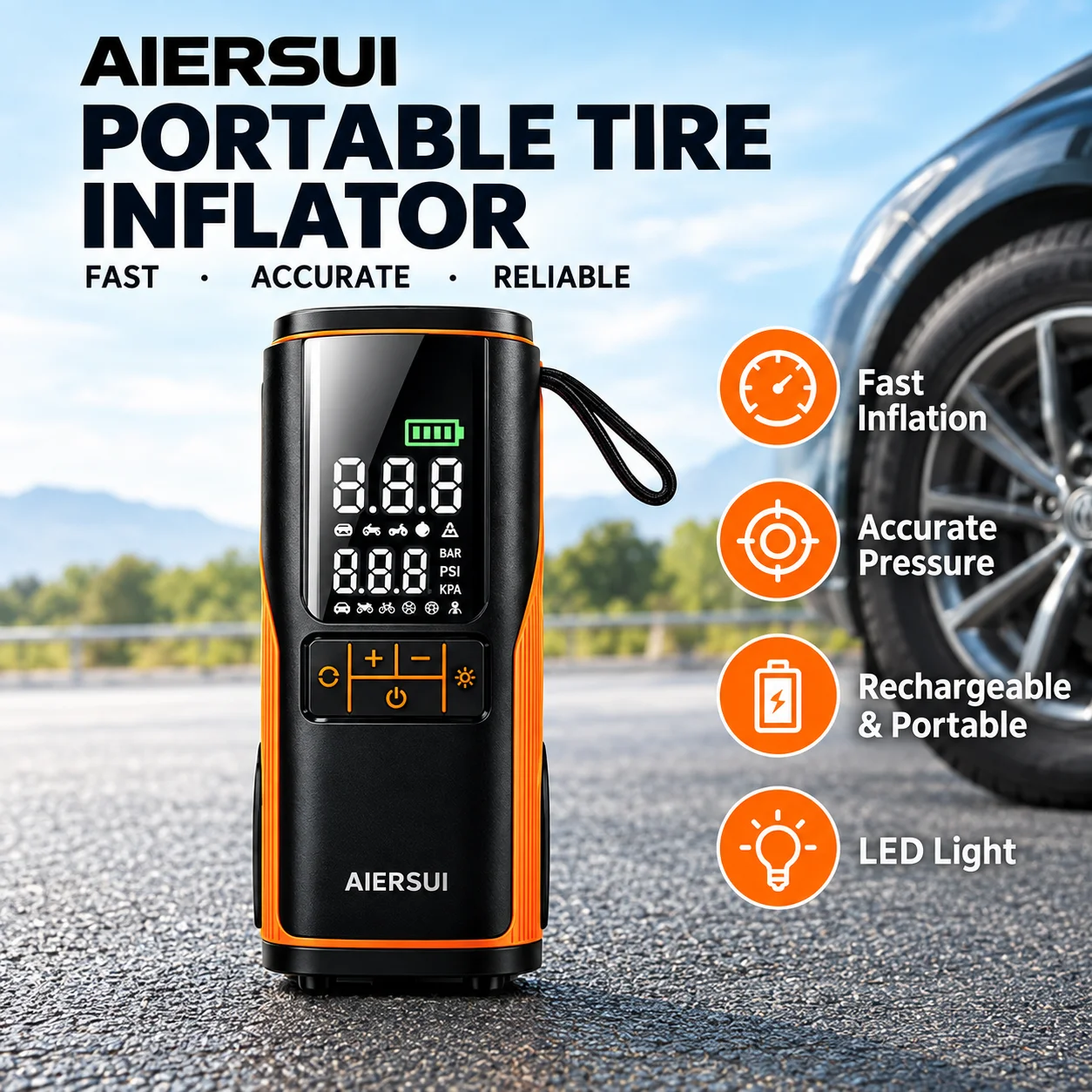 1PC AIERSUI 150PSI Portable Tire Inflator Digital Air Pump Auto Stop LED Light for Car Motorcycle Bicycle Balls