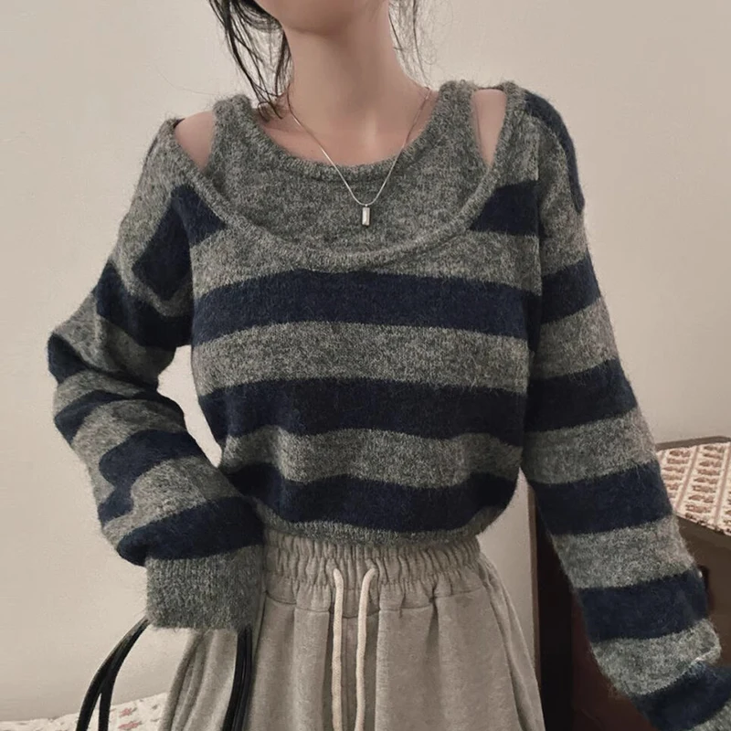 

Chic Autumn Winter Knitted Hollow out oulder Splicing Fake Two-Piece Long Sve Striped Top for Women Korean Sle Loose Fit