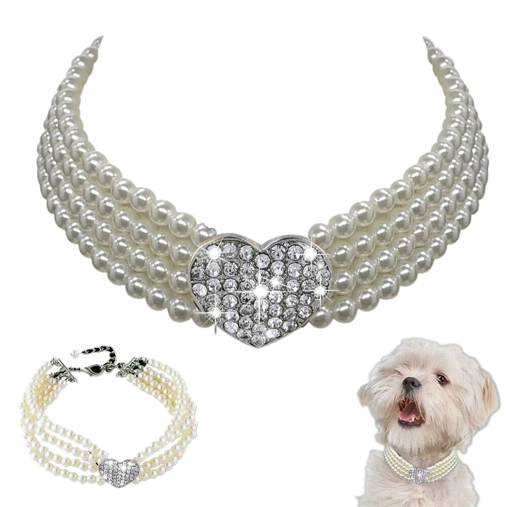 S/M/L 4 Rows Dog Cat Pearls Necklace Bling Rhinestone Heart Decor Collar Necklace Pet Puppy Jewelry Accessories