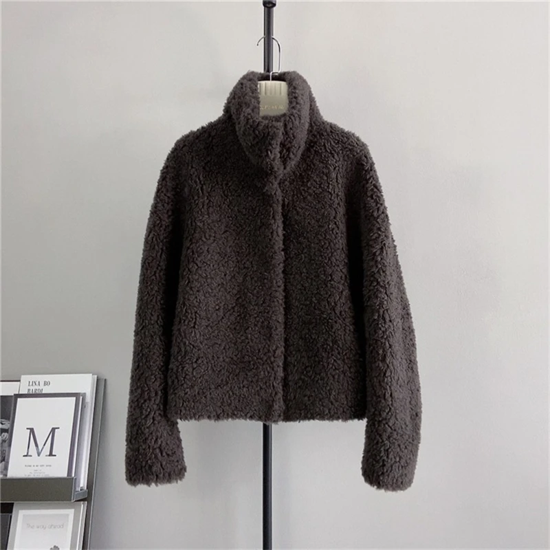 Female Sheep Shearling Button Solid Color Coat Composite Women Lamb Wool Fall and Winter Warm Short Jacket Parka PT471