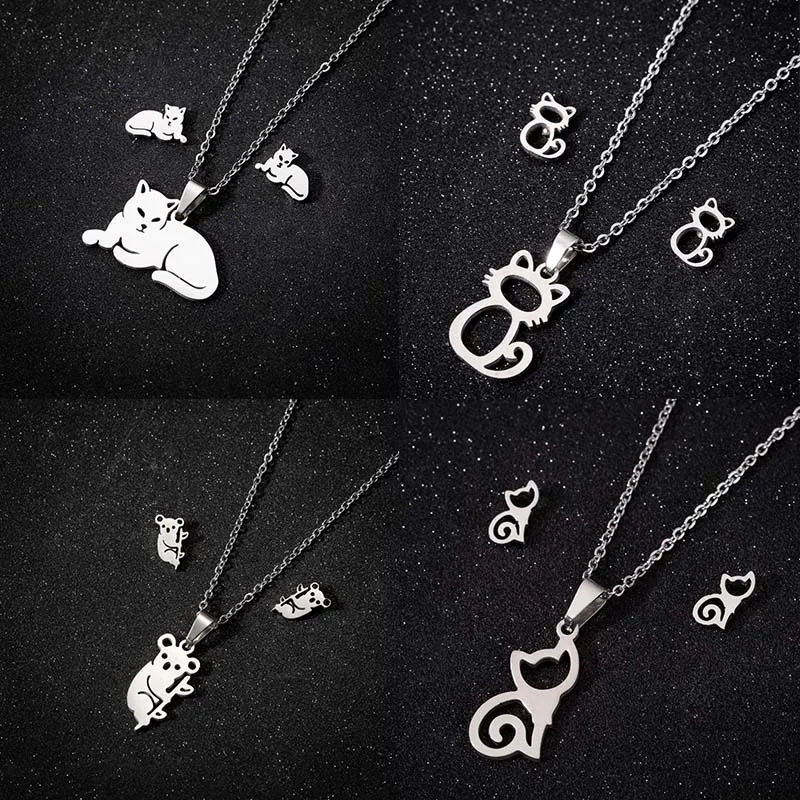 Cute Cartoon Animal Cat Stainless Steel Jewelry Sets For Women Necklace And Earing Pendant Charm Acero Inoxidable Joyeria Mujer