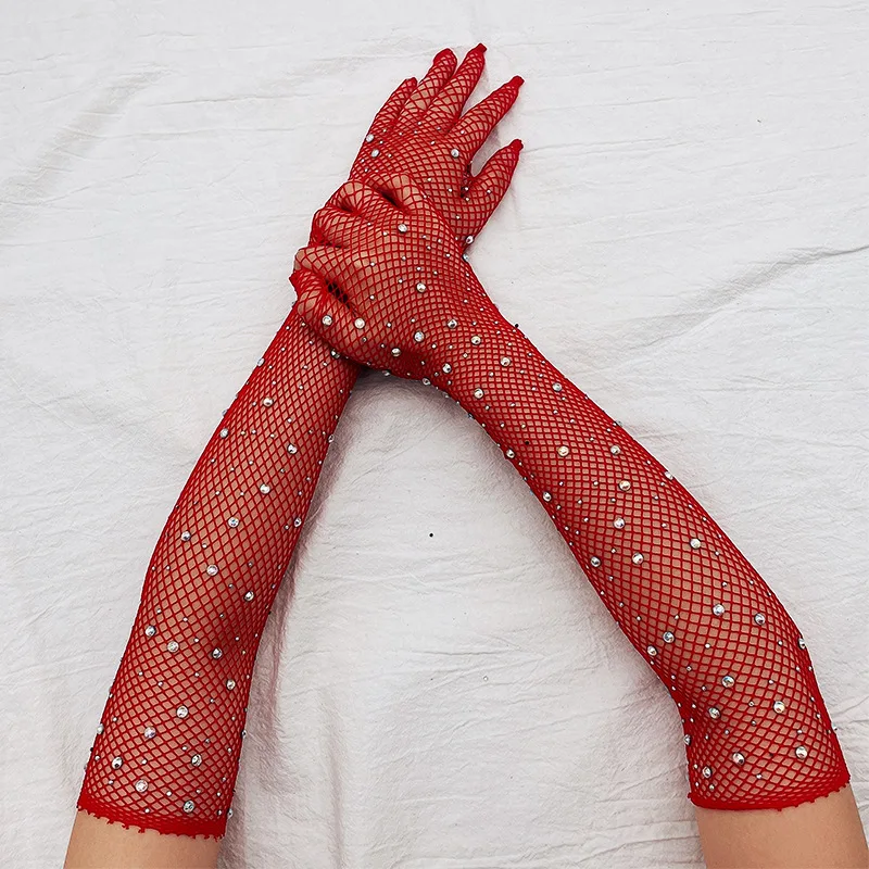 Gants longs en maille avec strass, filet de pêche ajouré pour femmes, gants de Cosplay fantaisie en résille, noir, blanc, rouge