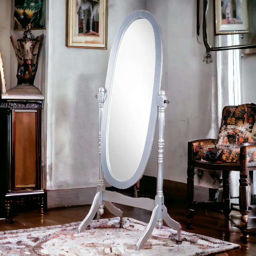 Miroir de sol cheval autoportant en bois de style vintage avec support réglable – Finition argentée, miroir pleine longueur pour la maison