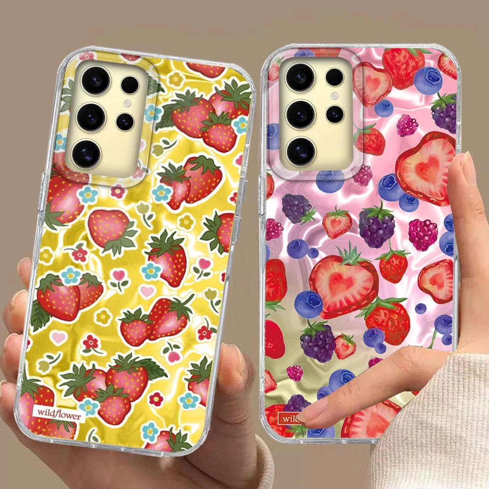 Blumen INS Mädchen Luxus-Print Damen Handyhülle für Samsung Galaxy S26 S25 S24 S22 S23 S21 Plus S20 FE Ultra Pink Erdbeer-Cover