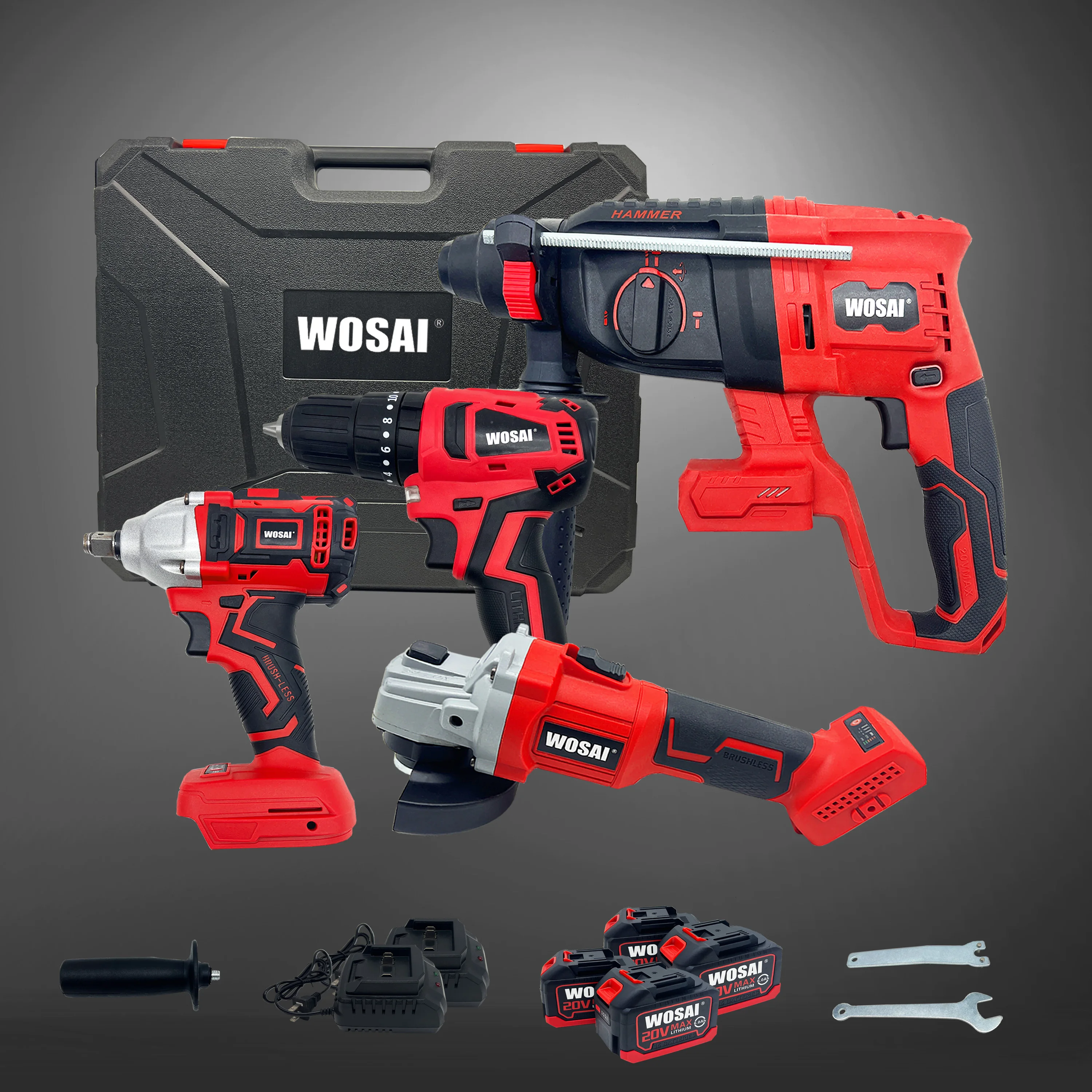 WOSAI 20V Brushless Electric Hammer  Screwdriver Grinder Drill Wrench  Cordless Tools Set