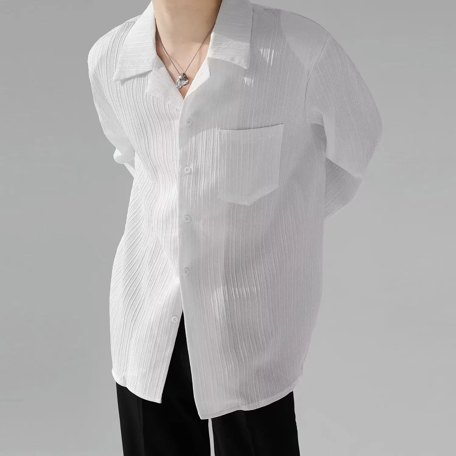 

Korean Sle Cuban Collar Loose Fit Long Sve Thin irt Men Women Versatile Textured Drapey Striped Trendy Casual irt