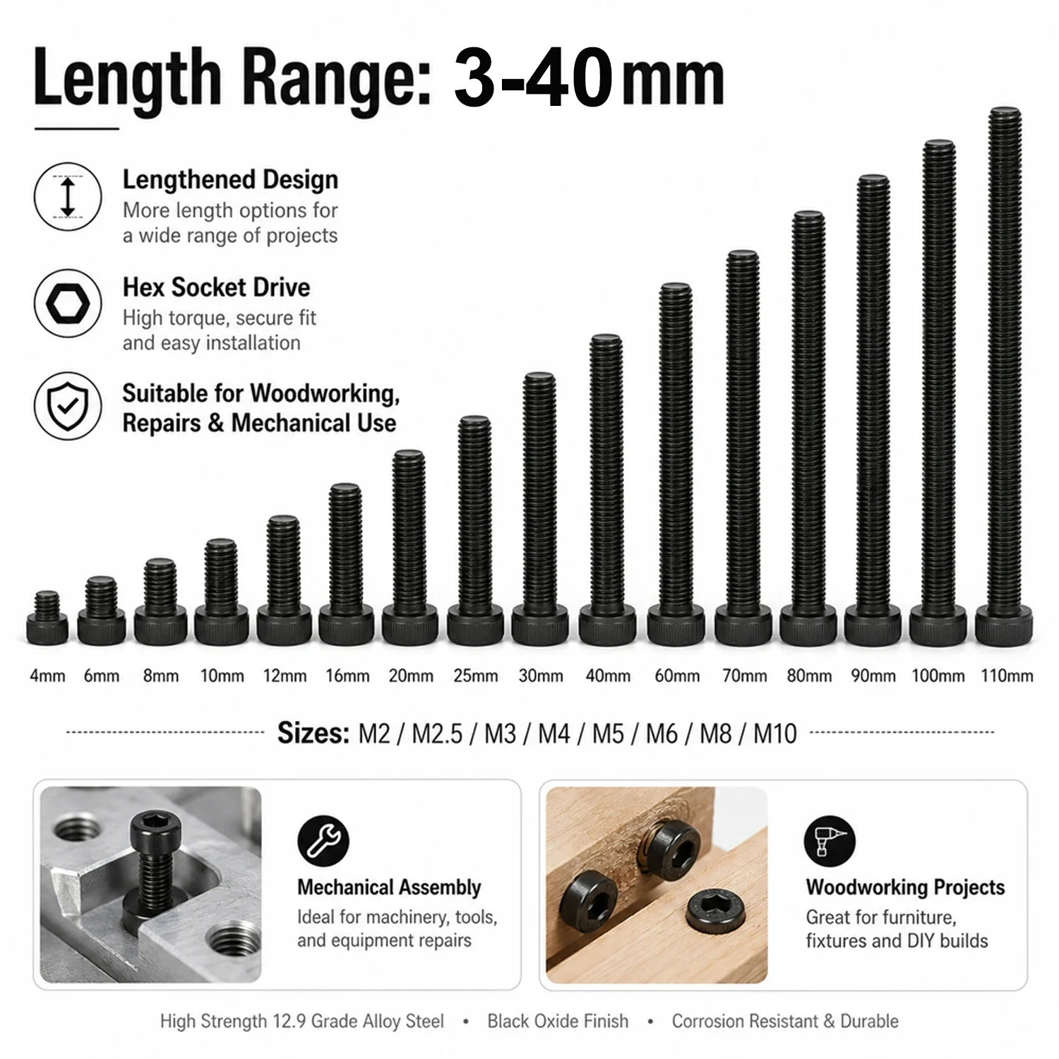 

5-50pcs M2 M2.5 M3 M3.5 M4 M5Black Grade 12.9 Steel Hexagon Hex Socket Cap Allen Head Screw Bolt Long 3-40mm