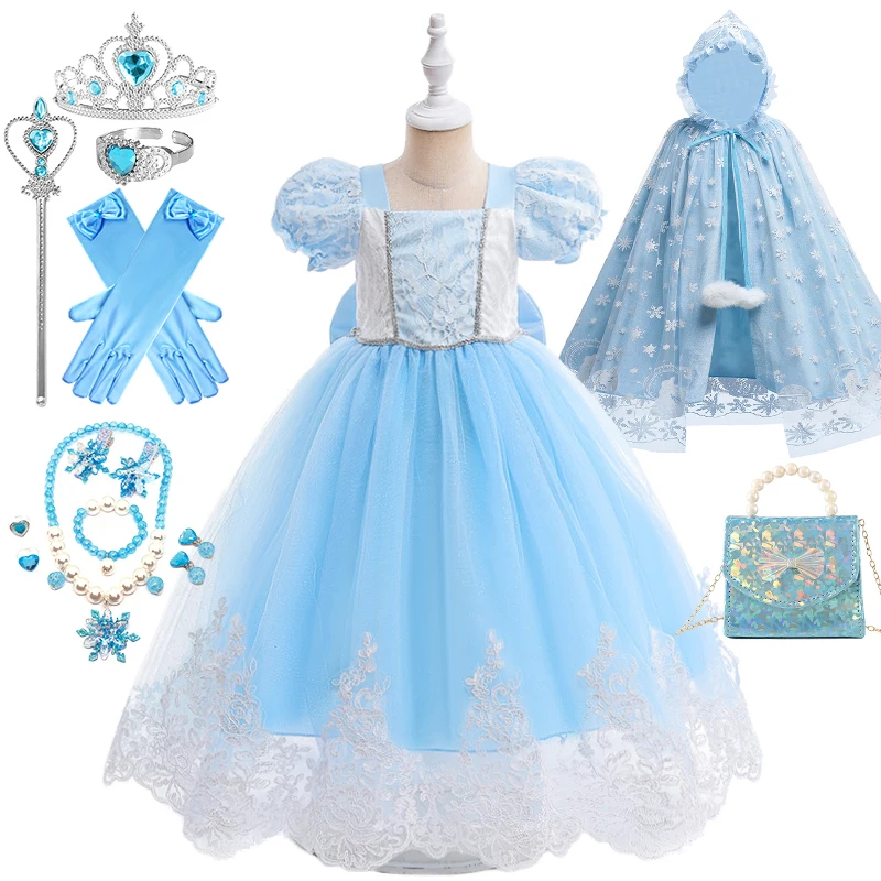 

Christmas Fancy Girl Lace Flower Cinderella Princess Dress Children Blue Fluffy Tull Snow Queen Birthday Party Cosplay Costume