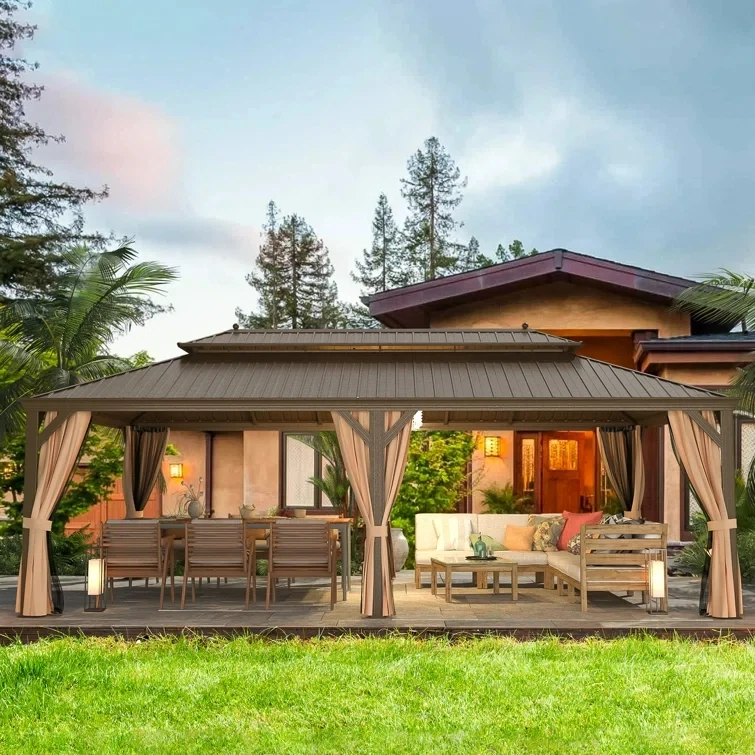 ！@Dwoo Modern Garden Aluminum Frame Patios Pergola Galvanized Steel Metal Double Roof Hardtop Gazebos