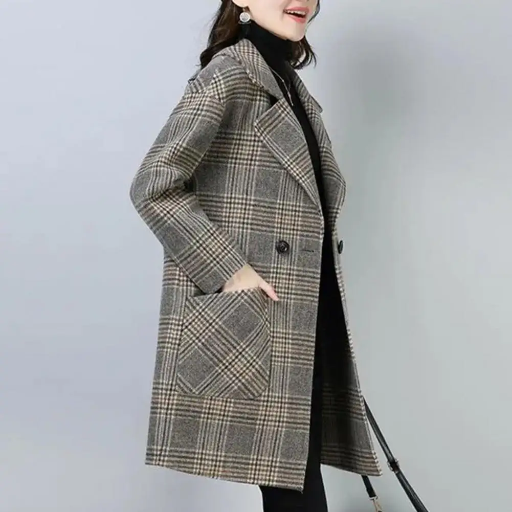 Women Plaid Woolen Coat Classic Lapel Collar Winter Jacket Thickened Turn-down Collar Long Sleeve Women Overcoat OL Commute Coat