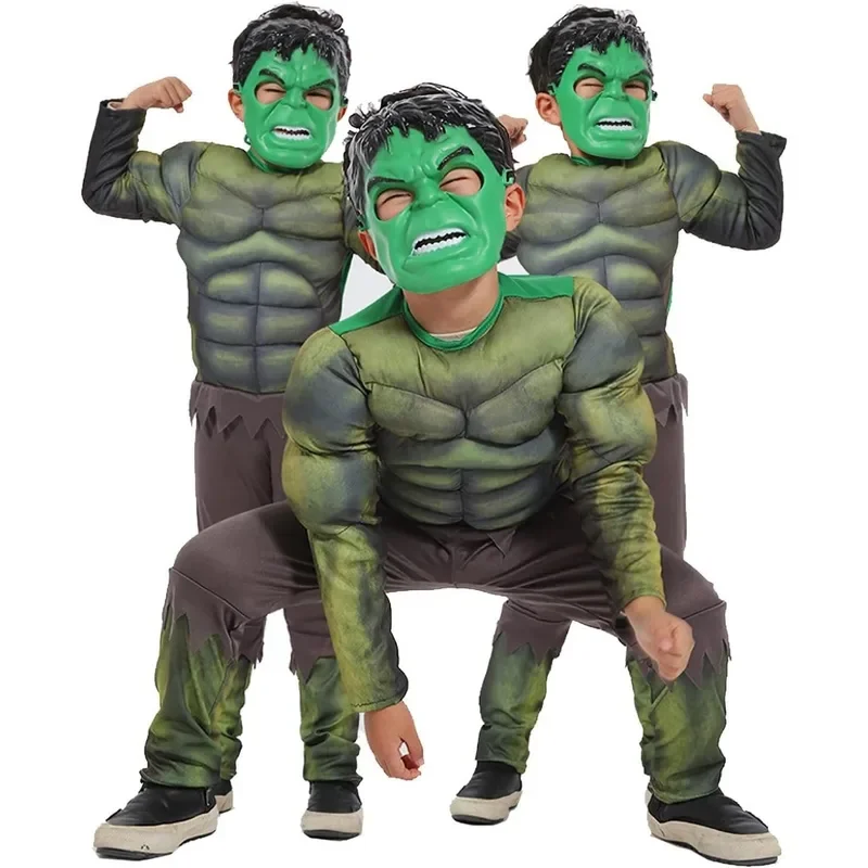 Marvel Hulk Muscle Costume Cosplay Bambini Supereroe Party Body stile 3D Mantello abbinato
