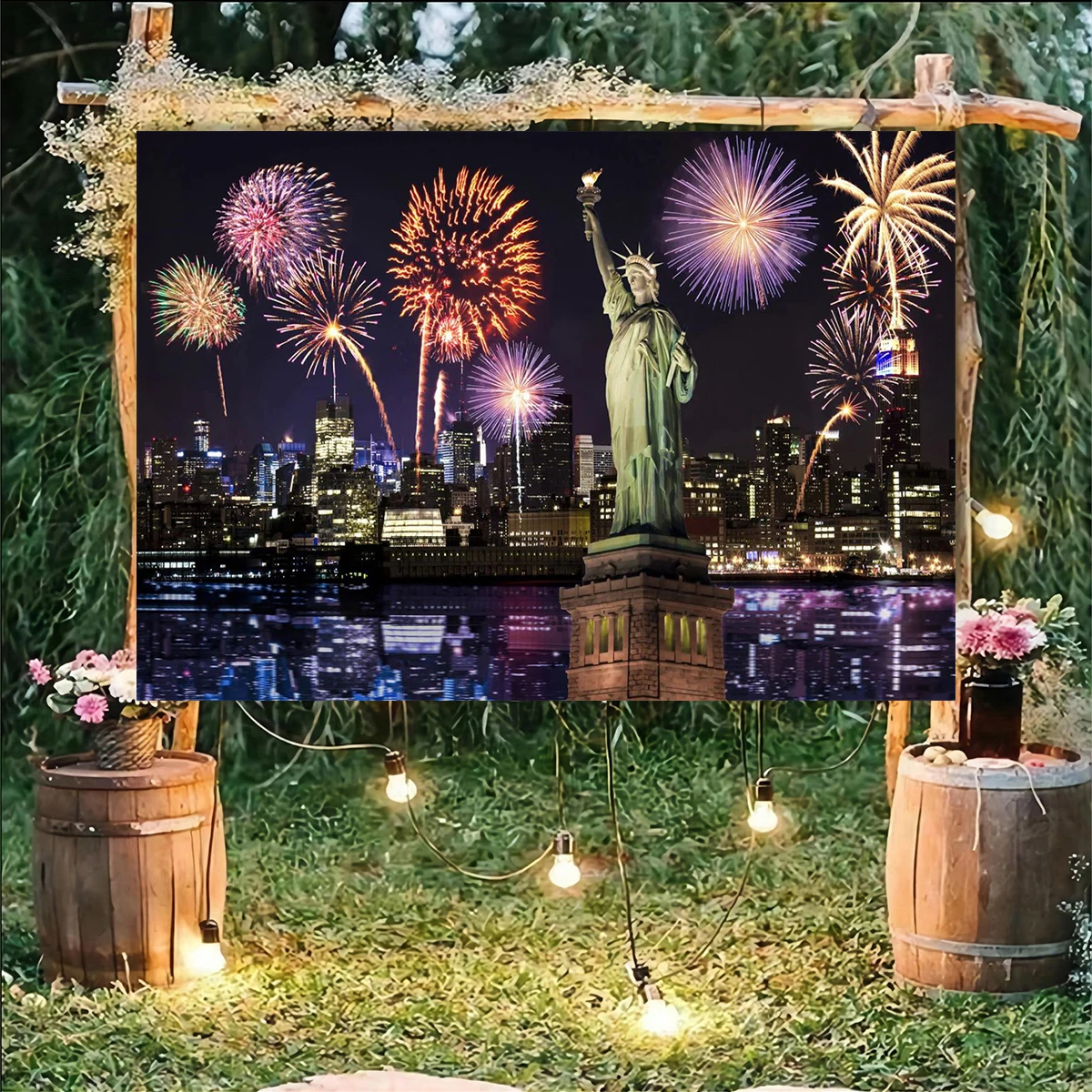 

Statue of Liberty Fireworks Show Backdrop New Year Eve Photography Background Family Party Banner Celebration Decoration