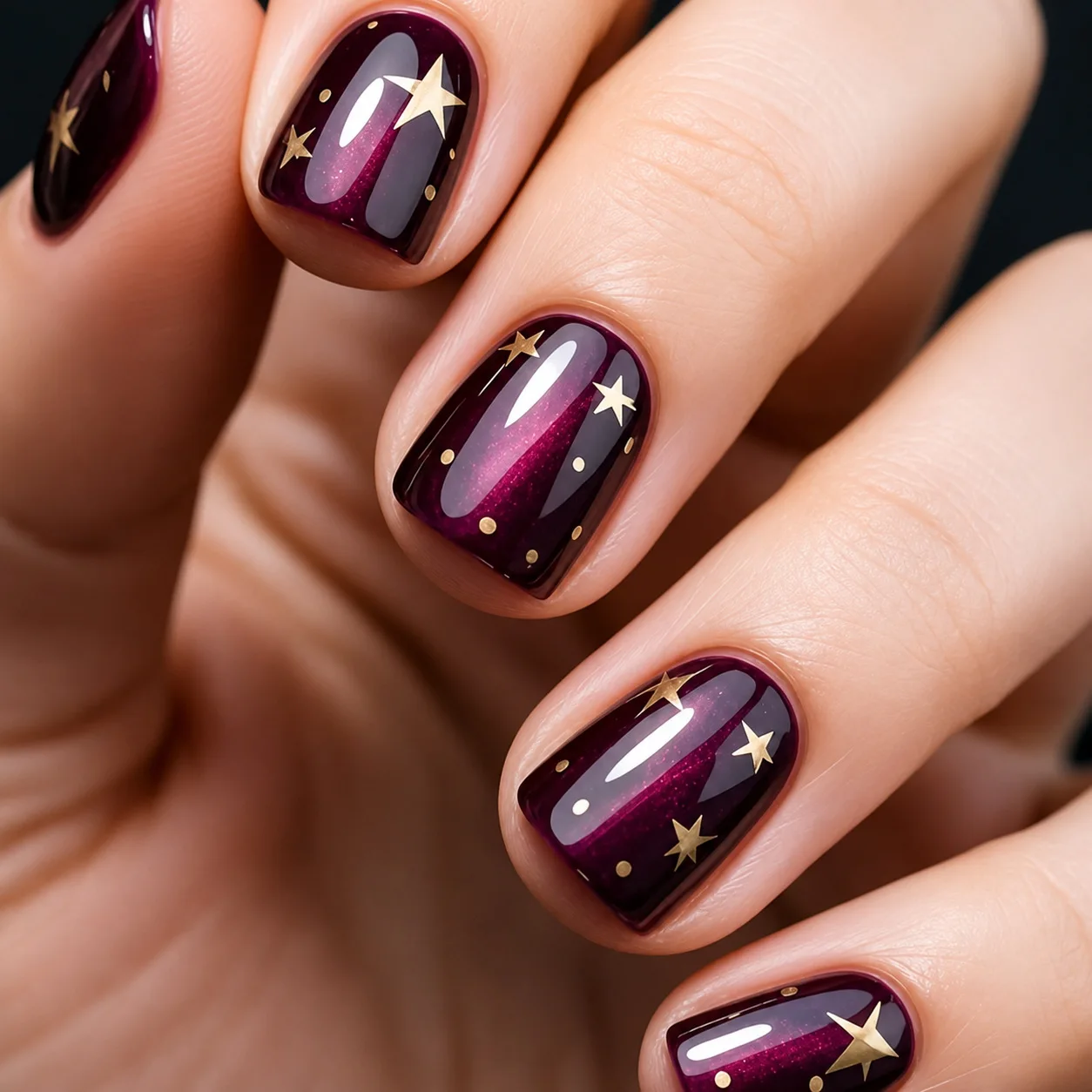 Short Square Dark Purple Cat Eye Press On Nails Starry Sky Star Pattern Pre-made Reusable False Nail Tips