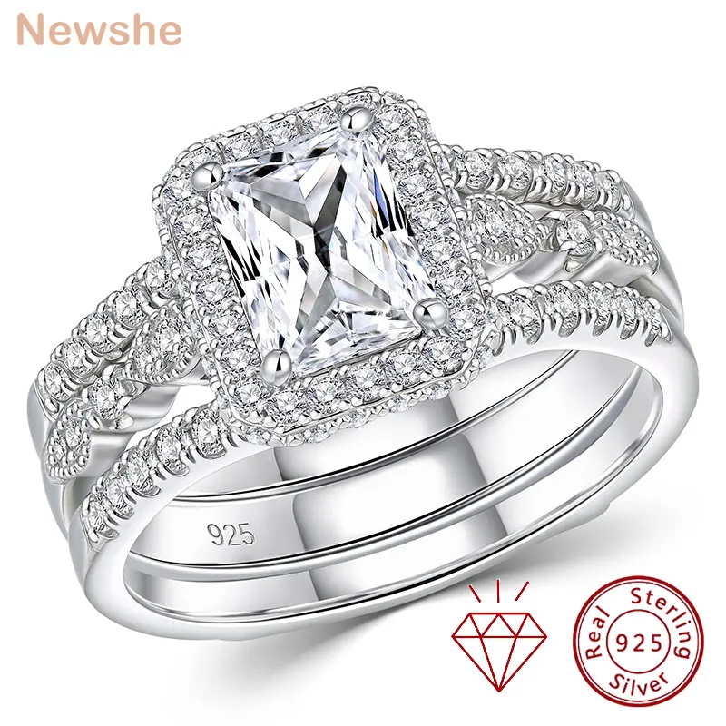 Newshe Certified 925 Silver 3.0Ct Full Moissanite Wedding Rings Set for Women Radiant Cut Engagement Ring Connected Enhancer