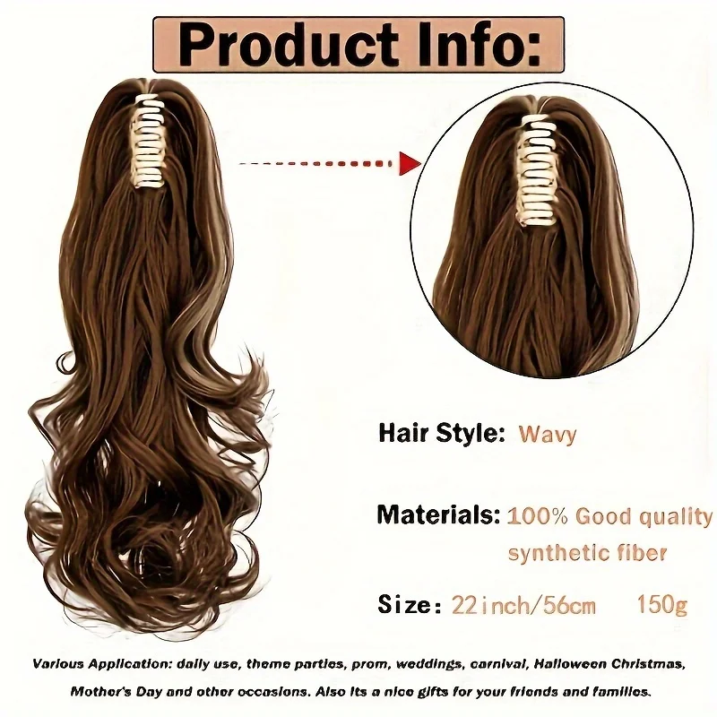 Extensões curtas sintéticas do cabelo do rabo de cavalo encaracolado, rabo de cavalo falso ondulado, grampo natural no hairpiece para mulheres, 22"