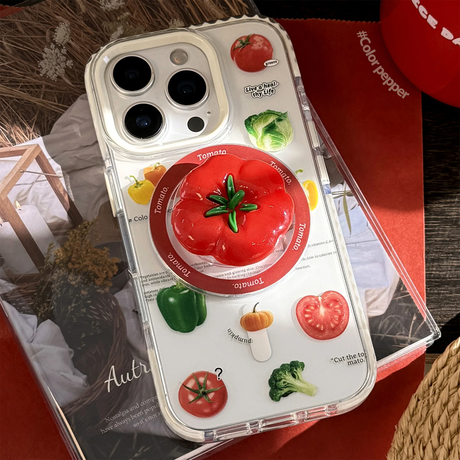 Koreanische Gemüse 3D Cartoon Tomaten Halterung Magnetische Telefon Fall Für iPhone 16 15 14 13 12 Pro Max Transparente Stoßfest Abdeckung