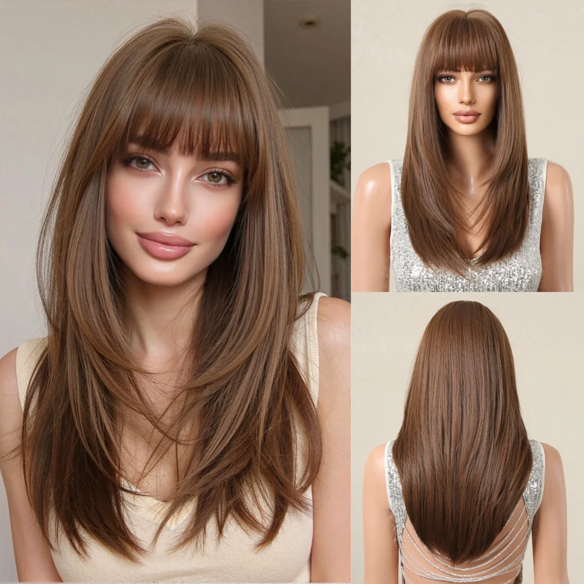 Long Straight Layered Synthetic Wig Natural Brown Wig with Bangs for Women Daily Party Use Natural Hair Heat Resistant Fiber