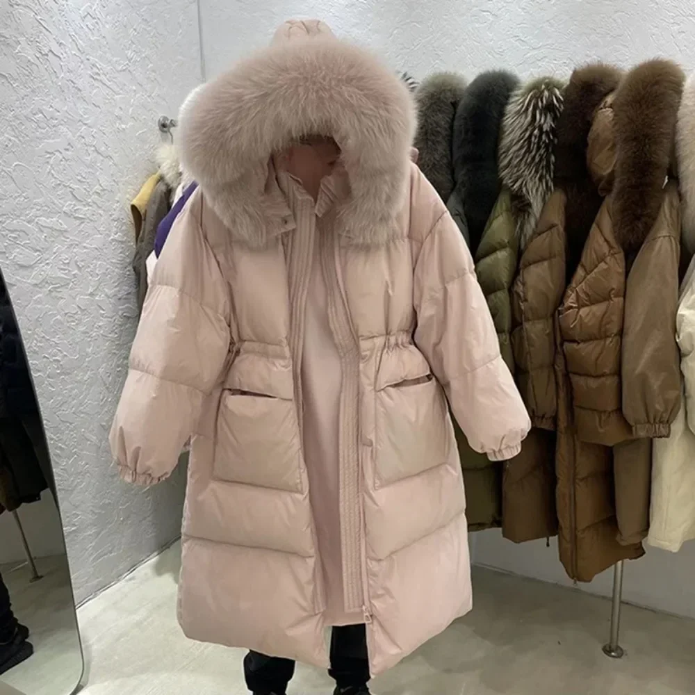 2024 Real Fox Fur Collar Down Jacket Duck Down Coat Warm Female Fluffy Parkas Loose Women Luxury Outerwear Long Puffer Jacket