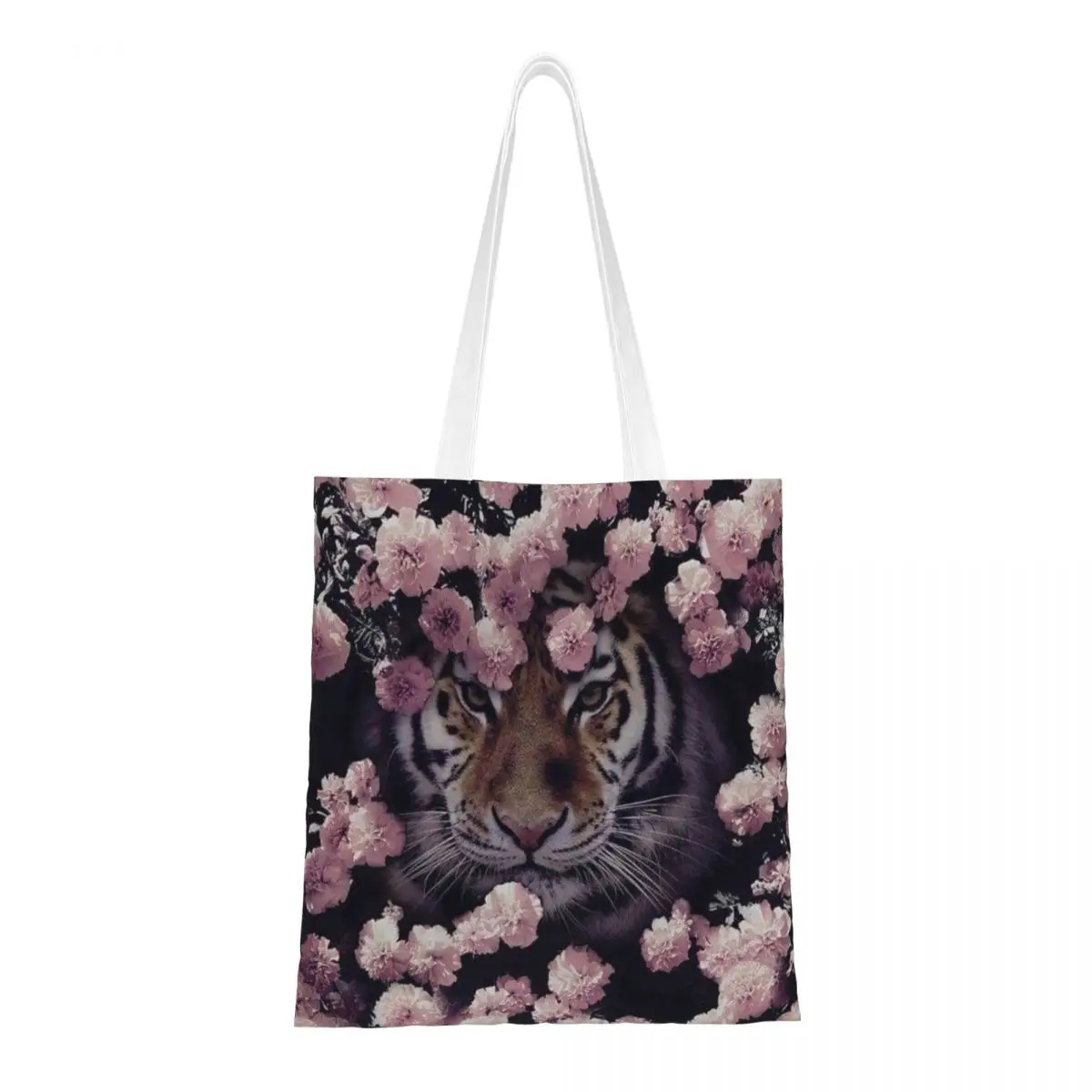 Tiger Wallpaper Flower Nature Canvas Tote Bag Reusable Large Capacity Grocery Bags for Women Men