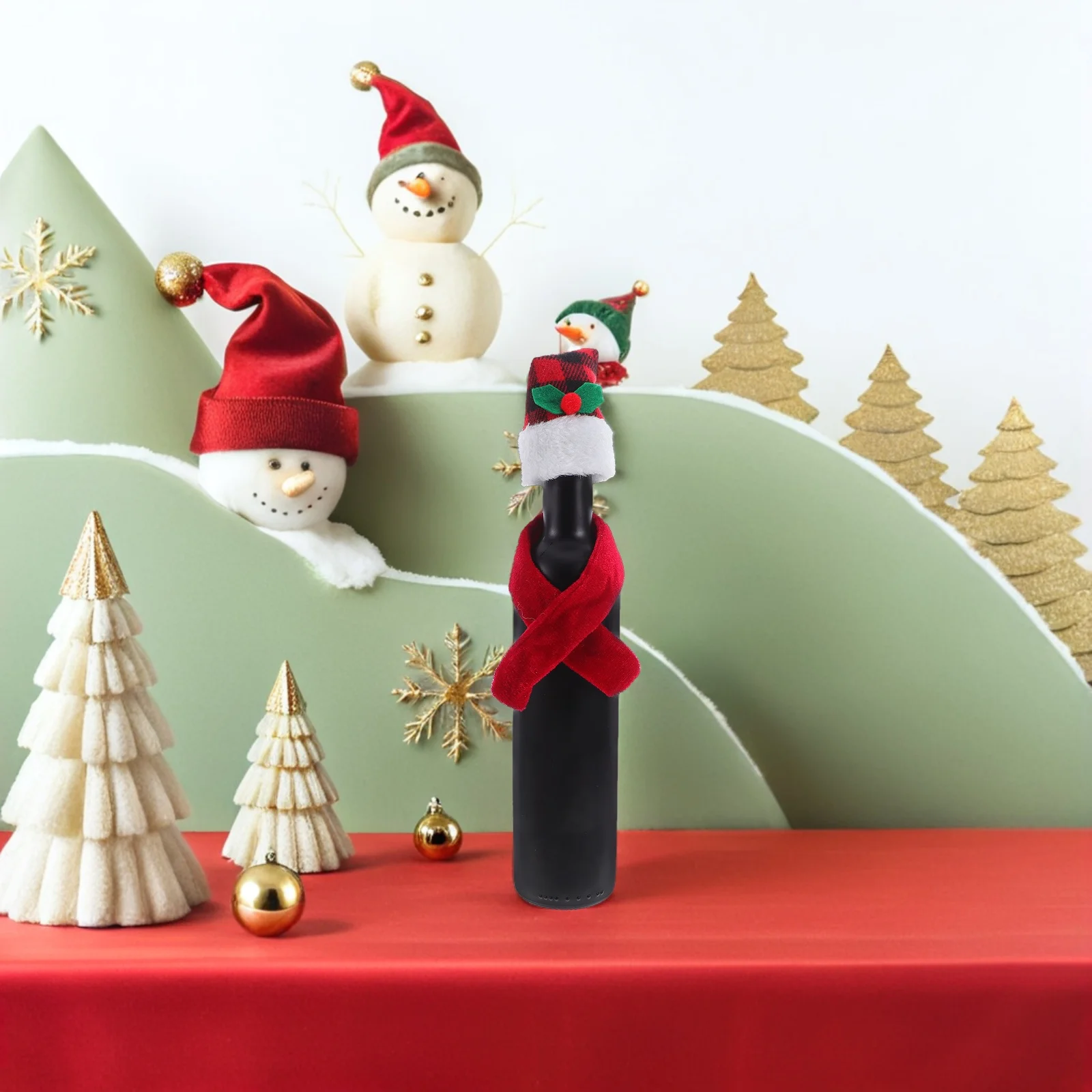 

Christmas Wine Bottle Decoration Set Bottles Hat and Scarf Cloth Silverware Candy Covers