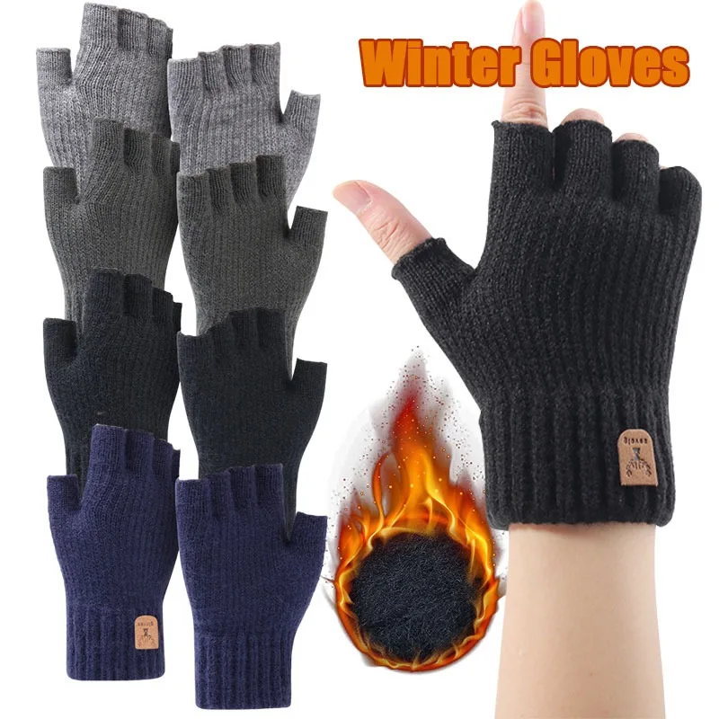 

Unisex Knitted Thick Thermal Half Finger Gloves Women Men Winter Outdoor Warm Wool Driving Fingerless Glove Touchscreen Mittens