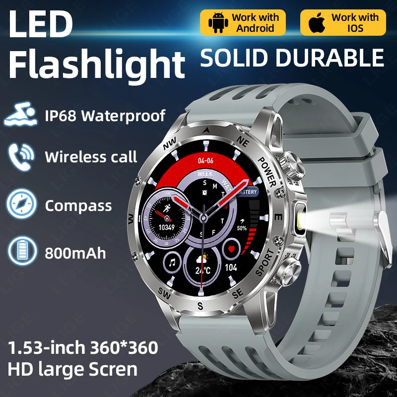 

New Smart Watch Men 800mah Large Battery Flashlight Outdoor Watches Compass Waterproof Bluetooth Call Smartwatch For Android IOS