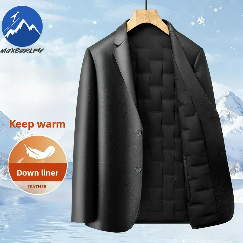 

Warm Down Leather Jacket Commute Office Windproof Padded Jacket Suit Collar Wrinkle Resistant Cold Resistant Winter Leather Coat