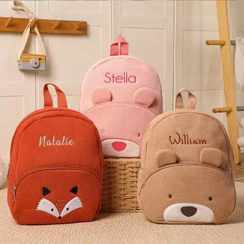 Corduroy Backpack with Personalized Name Embroidery Cute Teddy Bear Design Large Capacity Leisure Student School Bag