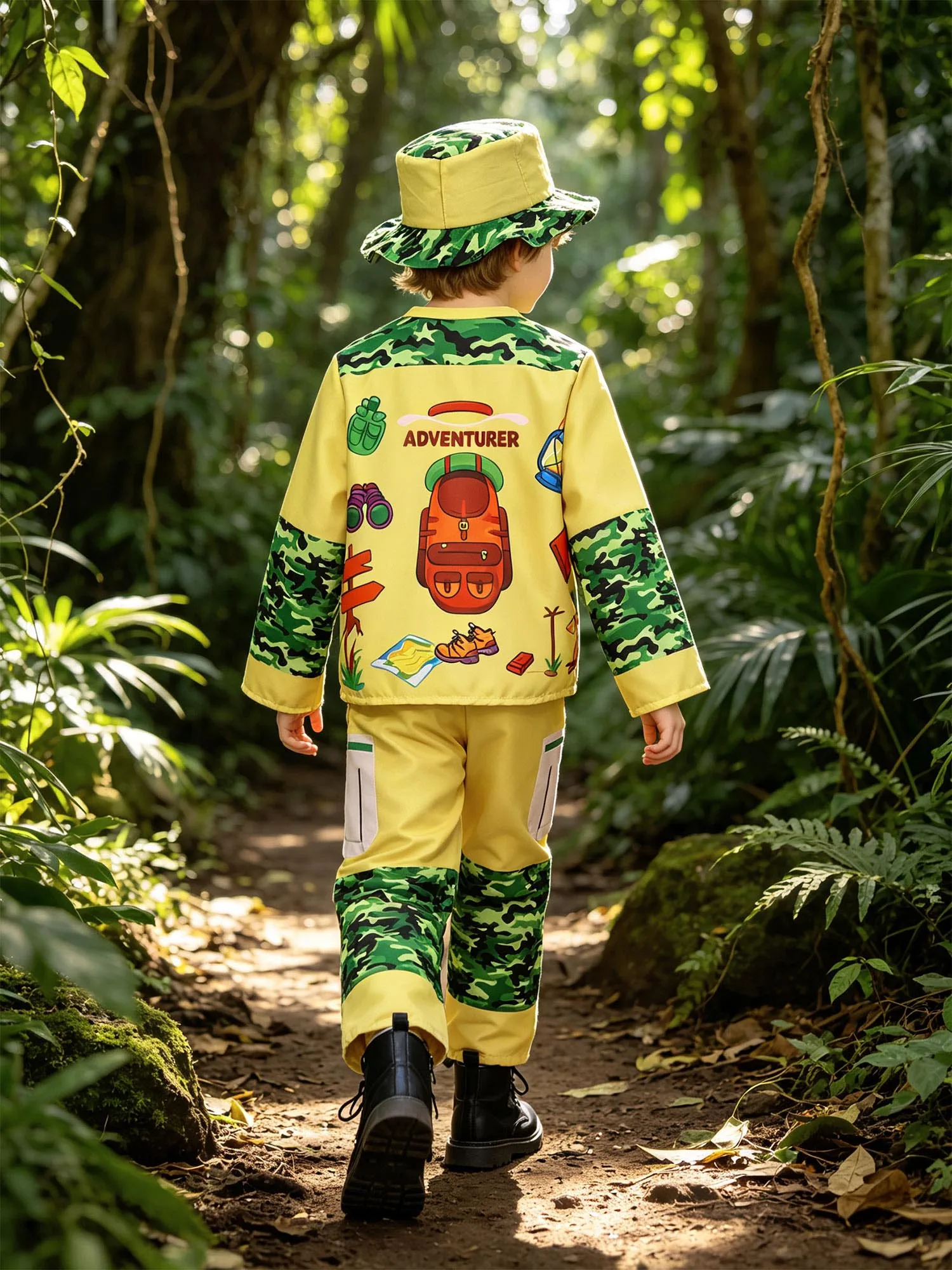 Girls Boys Jungle Explorer Costume Camouflage Printed Outfit Long Sleeve Button Top with Pants And Hat for Halloween Dress Up