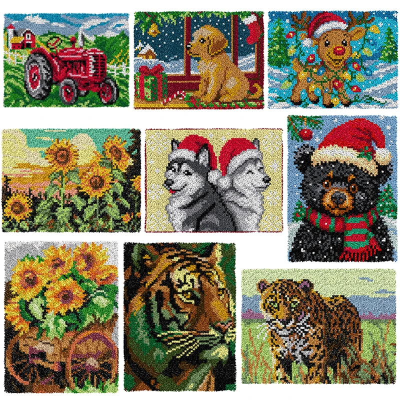 Christmas Animals Hook Rug Kit Rug Making Kit Embroidery Carpet Set for Carpet Beginner Carpet Making Tool Precut Crochet Gifts