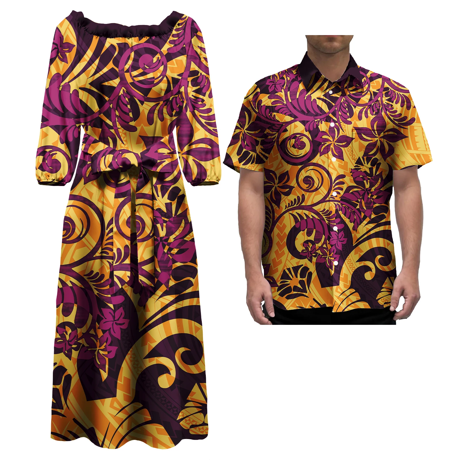 Samoan Couples Outfit Polynesian Tribal Print Custom Matching Men's Aloha Shirts Plus Size Women's Hawaiian Dresses