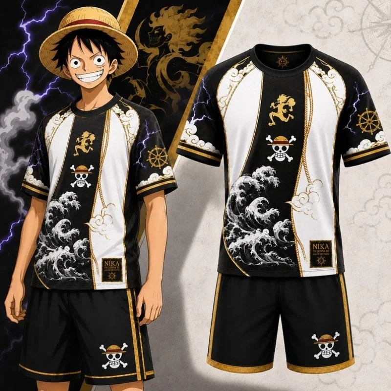 Bestselling New Anime Luffy Summer Adult and Children's Football T-shirt Shorts Set Breathable Quick Drying Parent-child Outfit
