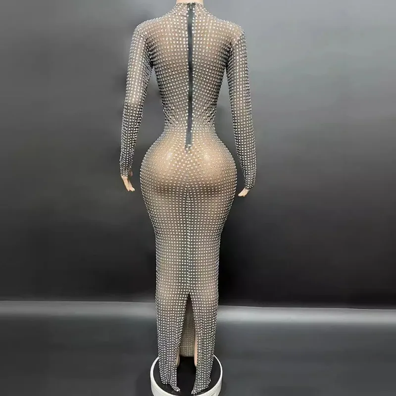 Novo brilhante diamante branco elegante após garfo dividido longo gota magro jantar vestido de noite festa de festa vestido de desempenho de alta qualidade