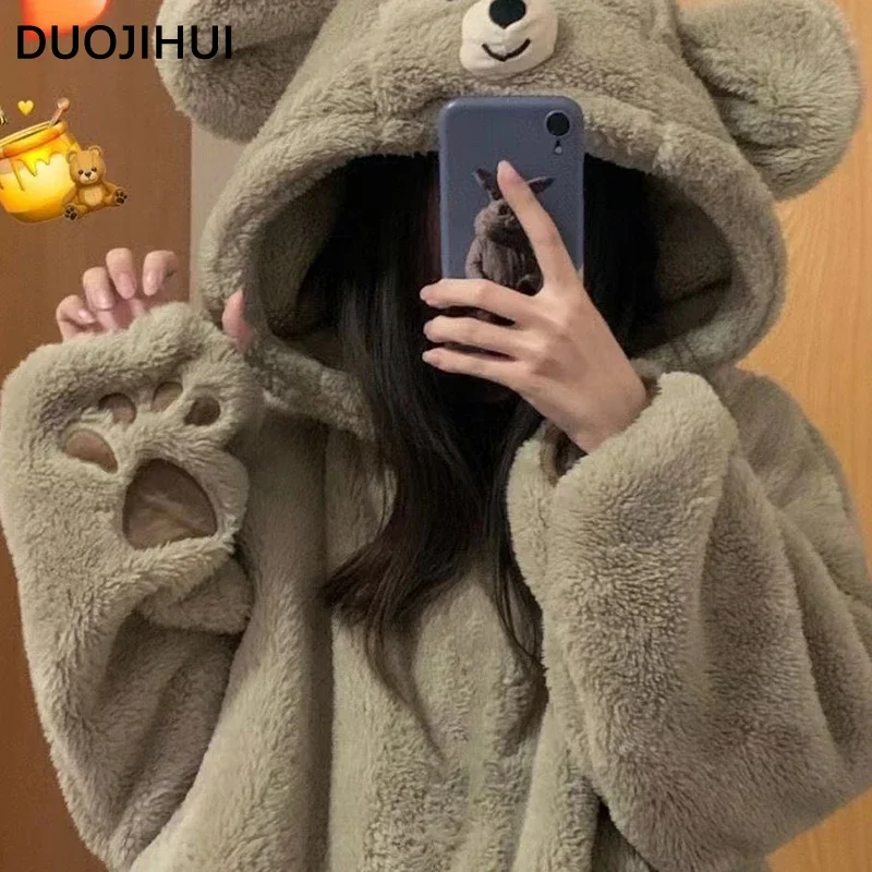 DUOJIHUI Hooded Winter Flannel Lovely Loose Female Pajamas Set New Simple Casual Fashion Print Thick Warm Soft Pajamas for Women