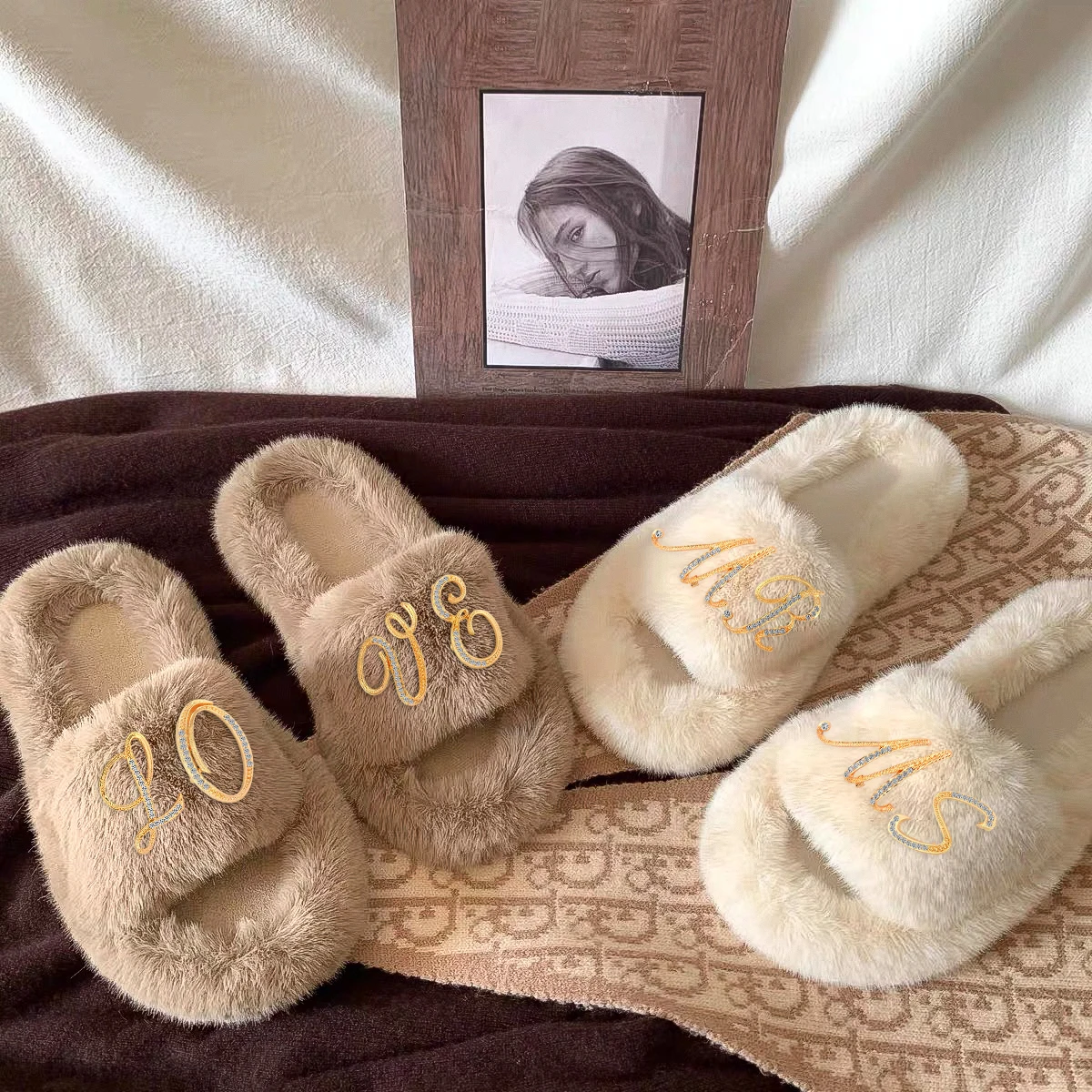 Slippers Women Fuzzy Slides Designer Letter Faux Fur Luxury Fluffy Flip Flops Shoes Customized Personalized Gift Custom Name