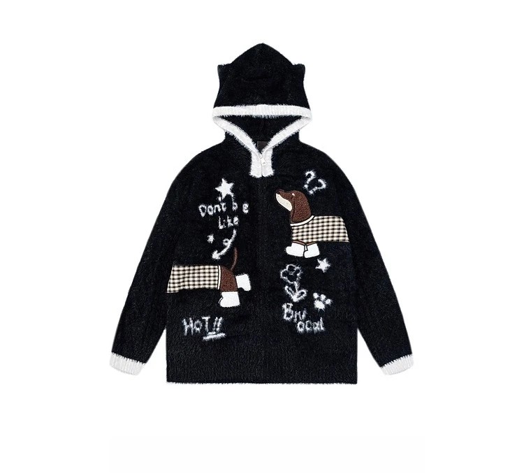 2025 Spring and Autumn New American Retro Style Men's Cartoon Letter Print Black and Apricot Hooded Knitted Cardigan Sweater